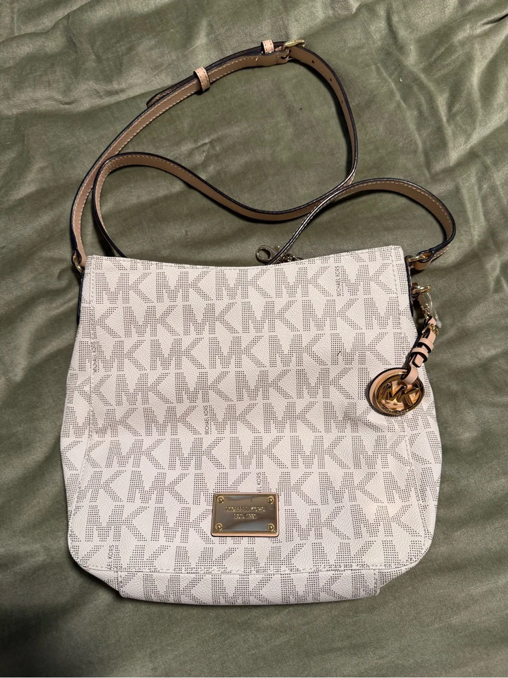 Michael Kors Cream and Tan Signature MK Crossbody Bag with Gold Charm